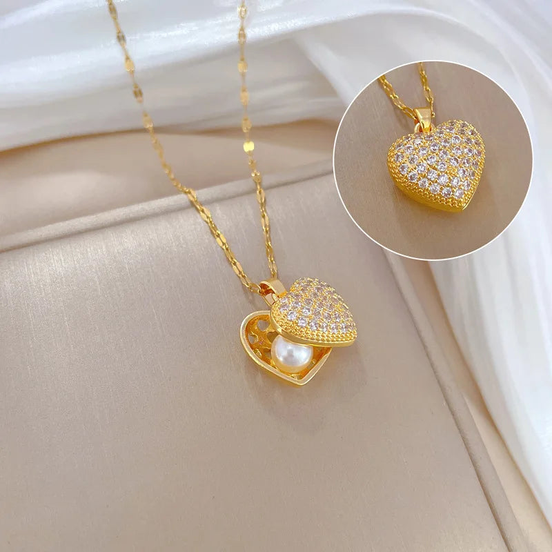 Koreanische Licht Luxus Shell Perle Halskette Für Frauen Edelstahl Micro Intarsien Zirkon Liebe Herz Mond Choker Hochzeit Schmuck