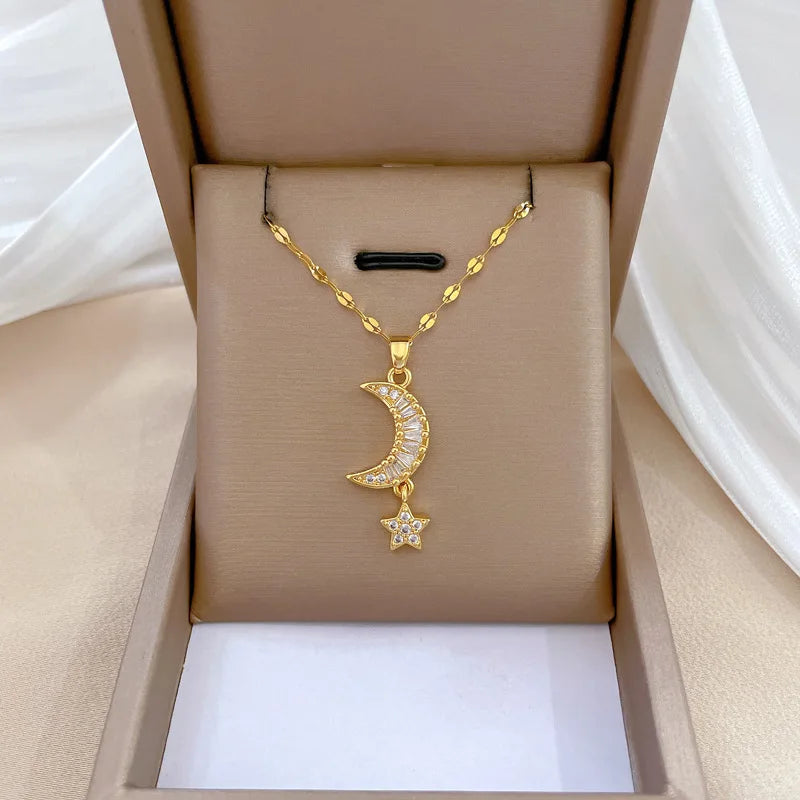 Koreanische Licht Luxus Shell Perle Halskette Für Frauen Edelstahl Micro Intarsien Zirkon Liebe Herz Mond Choker Hochzeit Schmuck