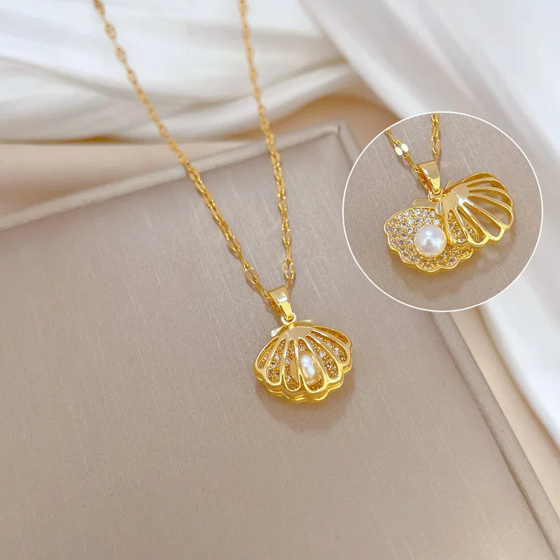 Koreanische Licht Luxus Shell Perle Halskette Für Frauen Edelstahl Micro Intarsien Zirkon Liebe Herz Mond Choker Hochzeit Schmuck