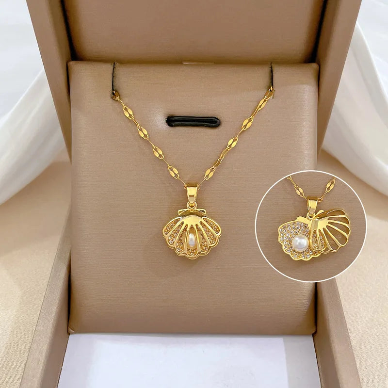 Koreanische Licht Luxus Shell Perle Halskette Für Frauen Edelstahl Micro Intarsien Zirkon Liebe Herz Mond Choker Hochzeit Schmuck
