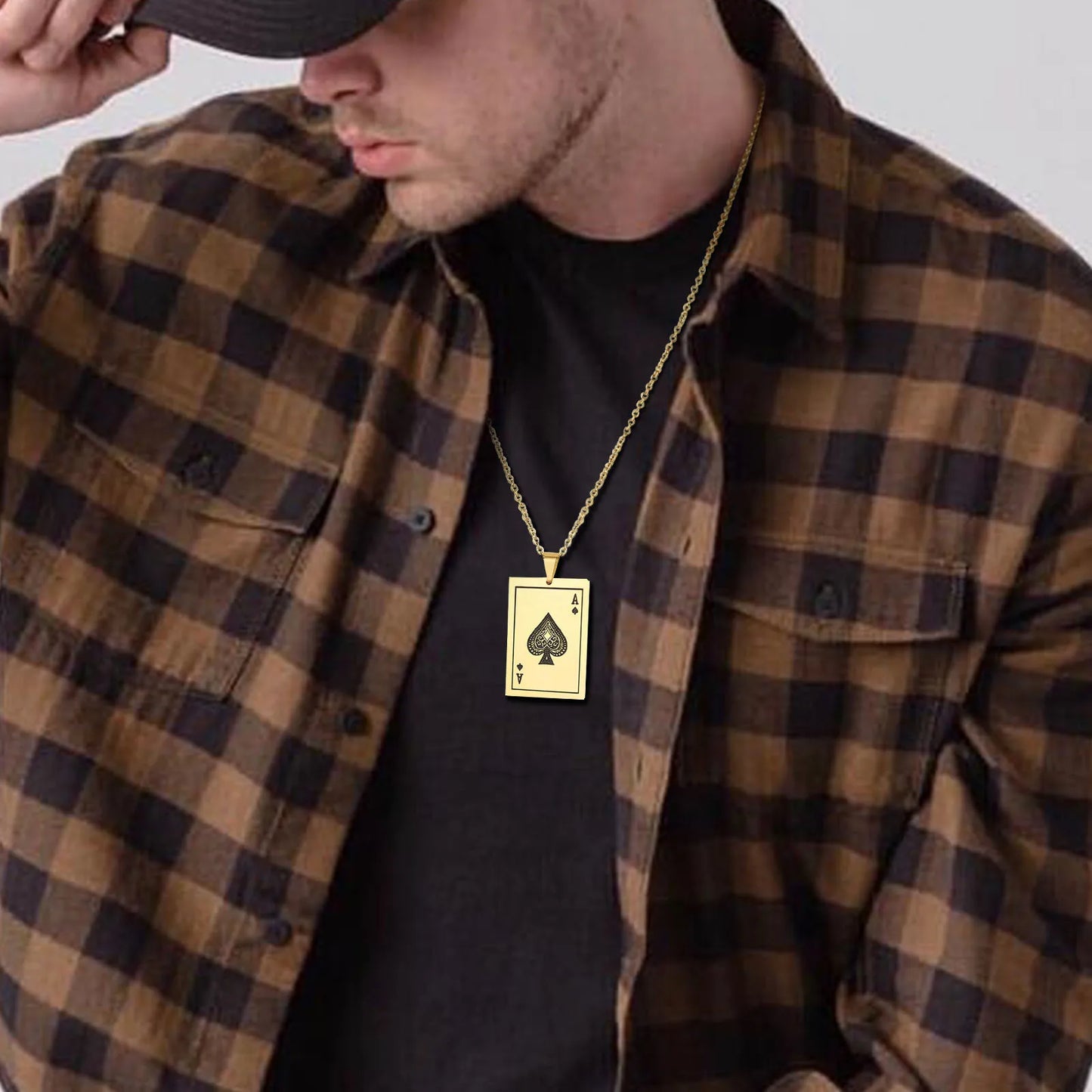 Vnox Punk Lucky Ace Of Spades Men's Necklace, Cool Rock Poker Pendant for Male, Stainless Steel Casino Fortune Playing Cards
