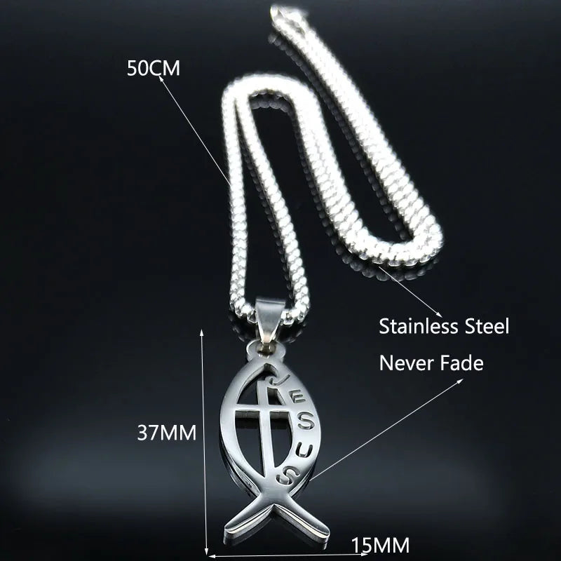 Ichthys Jesus Fisch Kreuz Christus Gott Anhänger Halskette für Frauen Männer Edelstahl Gold Farbe Christian Kette Schmuck N1482S02