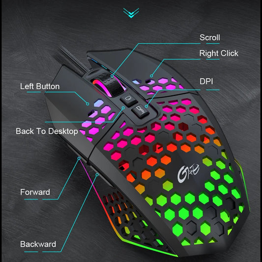 X801 Wired Gaming Mouse Design 7 Programmable Buttons Honeycomb Gaming Mouse RGB Backlit One-Click Desktop Gamer Mouse
