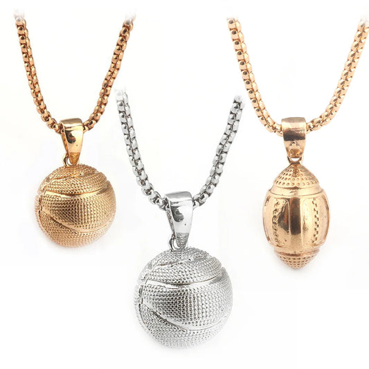Hip Hop 3D Basketball Pendants Necklaces I Love Basketball Sports Charms Circle Oval Baseball Rugby Men Punk Jewelry Gift
