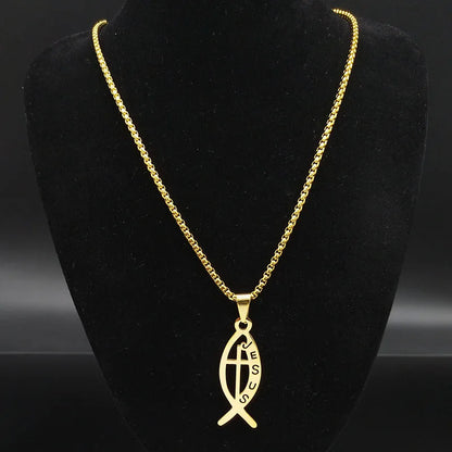Ichthys Jesus Fisch Kreuz Christus Gott Anhänger Halskette für Frauen Männer Edelstahl Gold Farbe Christian Kette Schmuck N1482S02