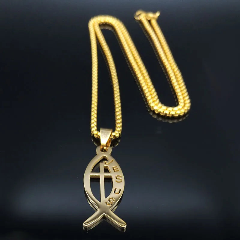 Ichthys Jesus Fisch Kreuz Christus Gott Anhänger Halskette für Frauen Männer Edelstahl Gold Farbe Christian Kette Schmuck N1482S02