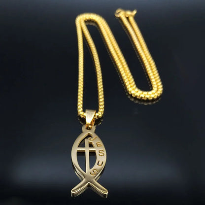 Ichthys Jesus Fisch Kreuz Christus Gott Anhänger Halskette für Frauen Männer Edelstahl Gold Farbe Christian Kette Schmuck N1482S02