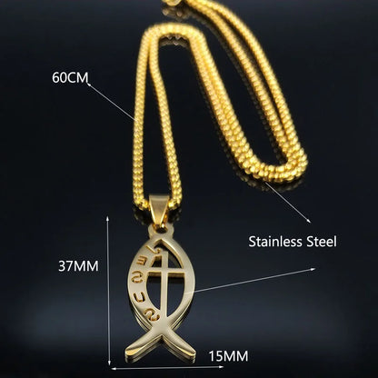 Ichthys Jesus Fisch Kreuz Christus Gott Anhänger Halskette für Frauen Männer Edelstahl Gold Farbe Christian Kette Schmuck N1482S02