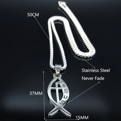 Ichthys Jesus Fisch Kreuz Christus Gott Anhänger Halskette für Frauen Männer Edelstahl Gold Farbe Christian Kette Schmuck N1482S02