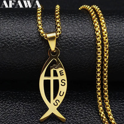 Ichthys Jesus Fisch Kreuz Christus Gott Anhänger Halskette für Frauen Männer Edelstahl Gold Farbe Christian Kette Schmuck N1482S02