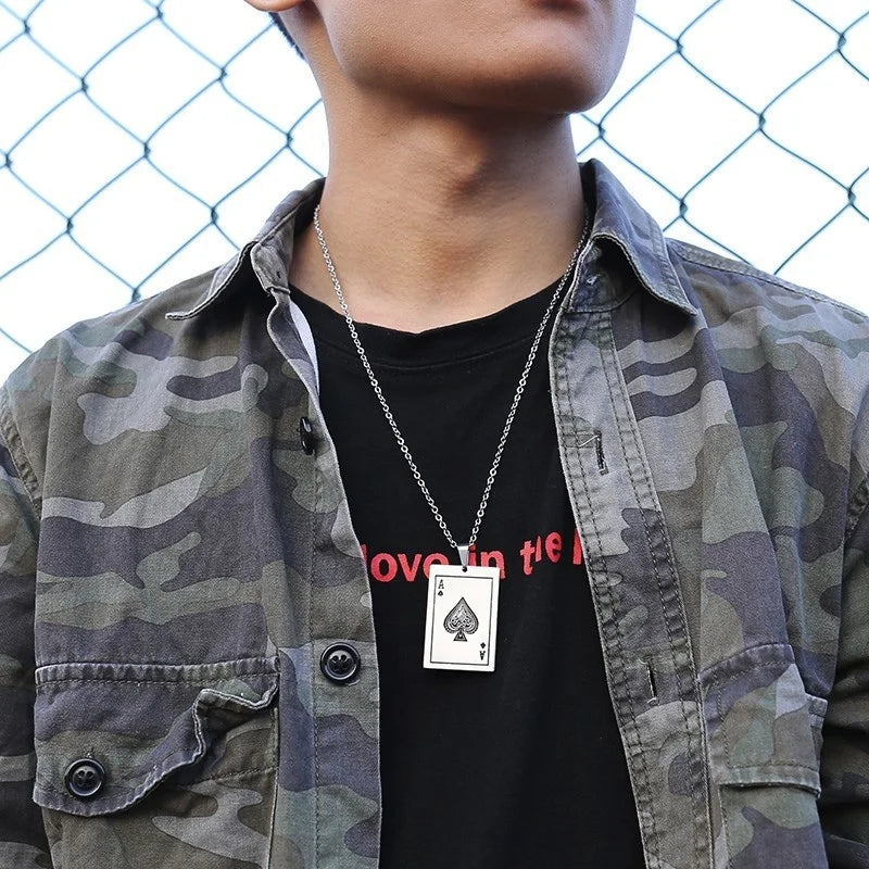 Vnox Punk Lucky Ace Of Spades Men's Necklace, Cool Rock Poker Pendant for Male, Stainless Steel Casino Fortune Playing Cards