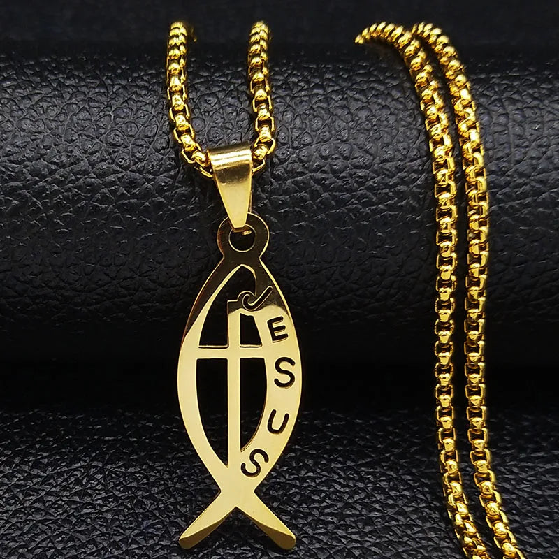 Ichthys Jesus Fisch Kreuz Christus Gott Anhänger Halskette für Frauen Männer Edelstahl Gold Farbe Christian Kette Schmuck N1482S02