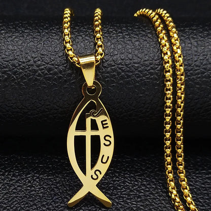 Ichthys Jesus Fisch Kreuz Christus Gott Anhänger Halskette für Frauen Männer Edelstahl Gold Farbe Christian Kette Schmuck N1482S02