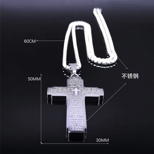 HNSP Stainless Steel Bible Big Cross Chain Necklace Pendant For Men Neck Jewelry Religion Accessories