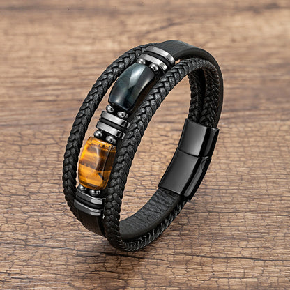 New Natural Tiger Eye Stone Men's Wristband Bracelet Hand-woven Multi-Layer Braided Leather Bangles Stainless Steel Jewelry
