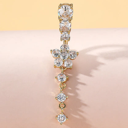 Gold Color Stainless Steel Belly Button Ring Long Dangled Flower Crystal Navel Belly Piercing Rings for Women Sexy Jewelry