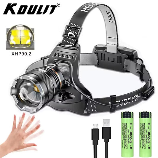 KDULIT Super Bright LED Headlamp USB Rechargeable with XHP90 Lamp Bead Powerful Waterproof Lamp for Exploration Hunting Fishing