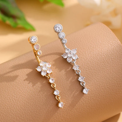 Gold Color Stainless Steel Belly Button Ring Long Dangled Flower Crystal Navel Belly Piercing Rings for Women Sexy Jewelry