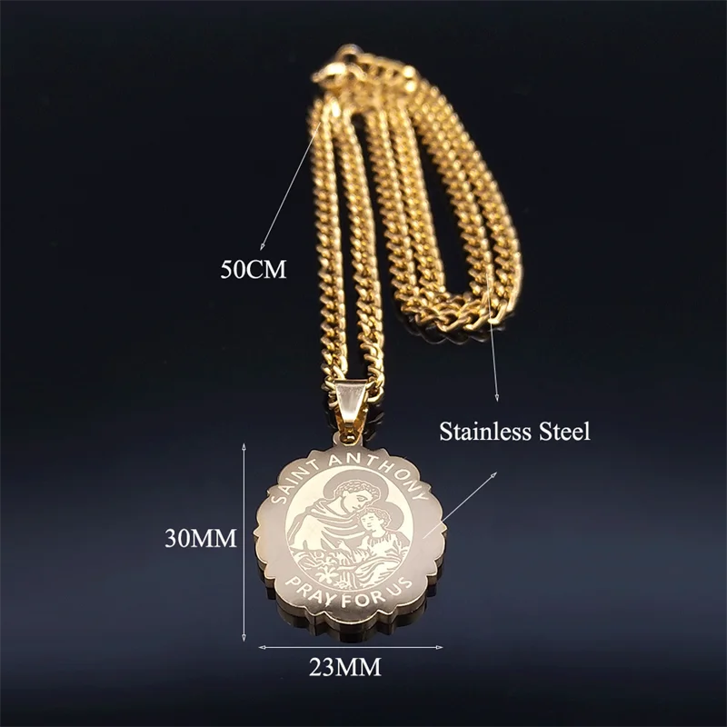 SAINT ANTHONY PRAY FOR US Archangel Stainless Steel Hip Hop Necklace Women Gold Color Flower Necklaces Jewelry Gifts N3191GDS05