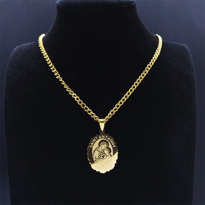 SAINT ANTHONY PRAY FOR US Archangel Stainless Steel Hip Hop Necklace Women Gold Color Flower Necklaces Jewelry Gifts N3191GDS05