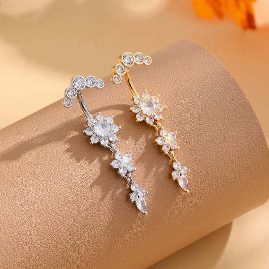 Gold Color Stainless Steel Belly Button Ring Long Dangled Flower Crystal Navel Belly Piercing Rings for Women Sexy Jewelry