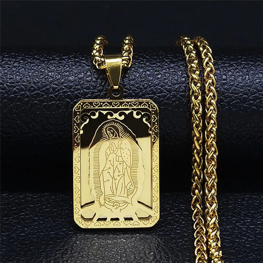 HNSP Medal Necklace Stainless Steel Virgin Mary Pendant Chain For Men Religious Jewelry Accessories