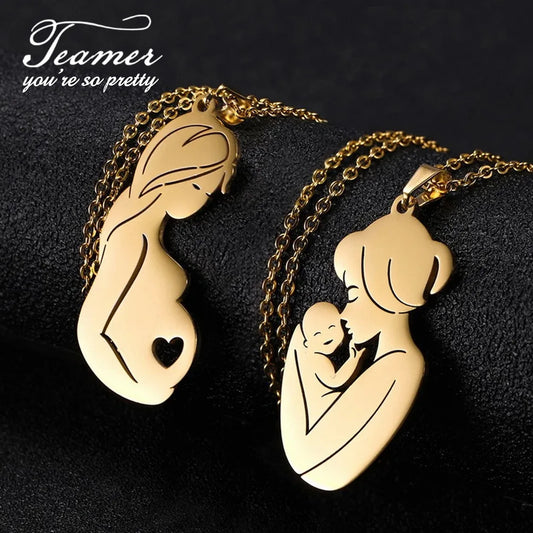 Teamer Family Baby Mom Mother Necklace Stainless Steel Pregnant Love Heart Pendant Neck Chain Women Jewelry Mother's Day Gifts
