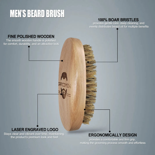Gracemen Beard Brush 100% Boar Bristles and Natrual Wooden Handle Men's Facial Hair Grooming Cleaning Brush