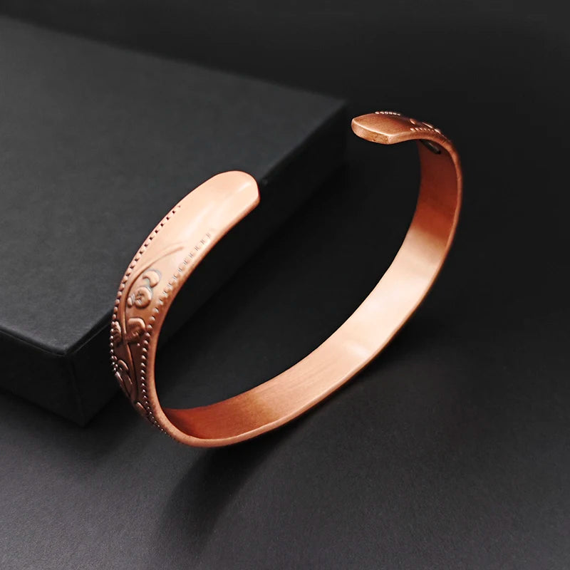 Magnetic Pure Copper Bracelet for Women Vintage Flower Energy Cuff Bangle Adjustable Jewelry Gift