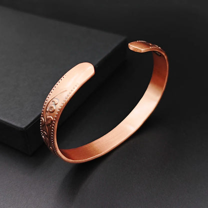 Magnetic Pure Copper Bracelet for Women Vintage Flower Energy Cuff Bangle Adjustable Jewelry Gift