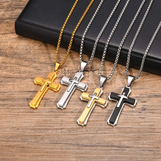 3D Cross Pendant Necklaces for Men Boys,Black Gold Color Stainless Steel Cross Necklace, Party Gift