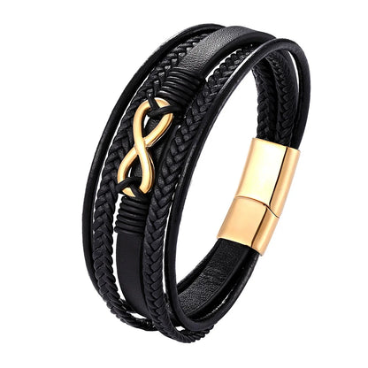 MKENDN Classic Men Infinity Bracelet Woven Multilayer Braided Leather Bracelets For Women Black Stainless Steel Jewelry Gifts