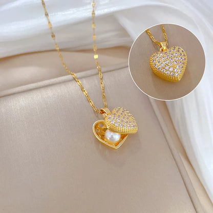Koreanische Licht Luxus Shell Perle Halskette Für Frauen Edelstahl Micro Intarsien Zirkon Liebe Herz Mond Choker Hochzeit Schmuck
