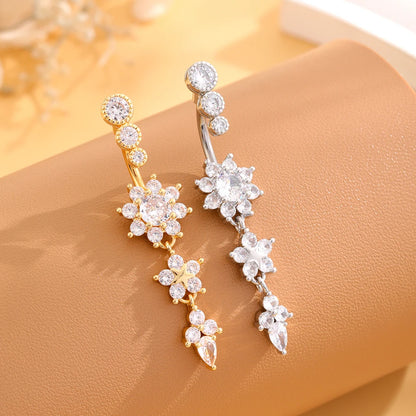 Gold Color Stainless Steel Belly Button Ring Long Dangled Flower Crystal Navel Belly Piercing Rings for Women Sexy Jewelry