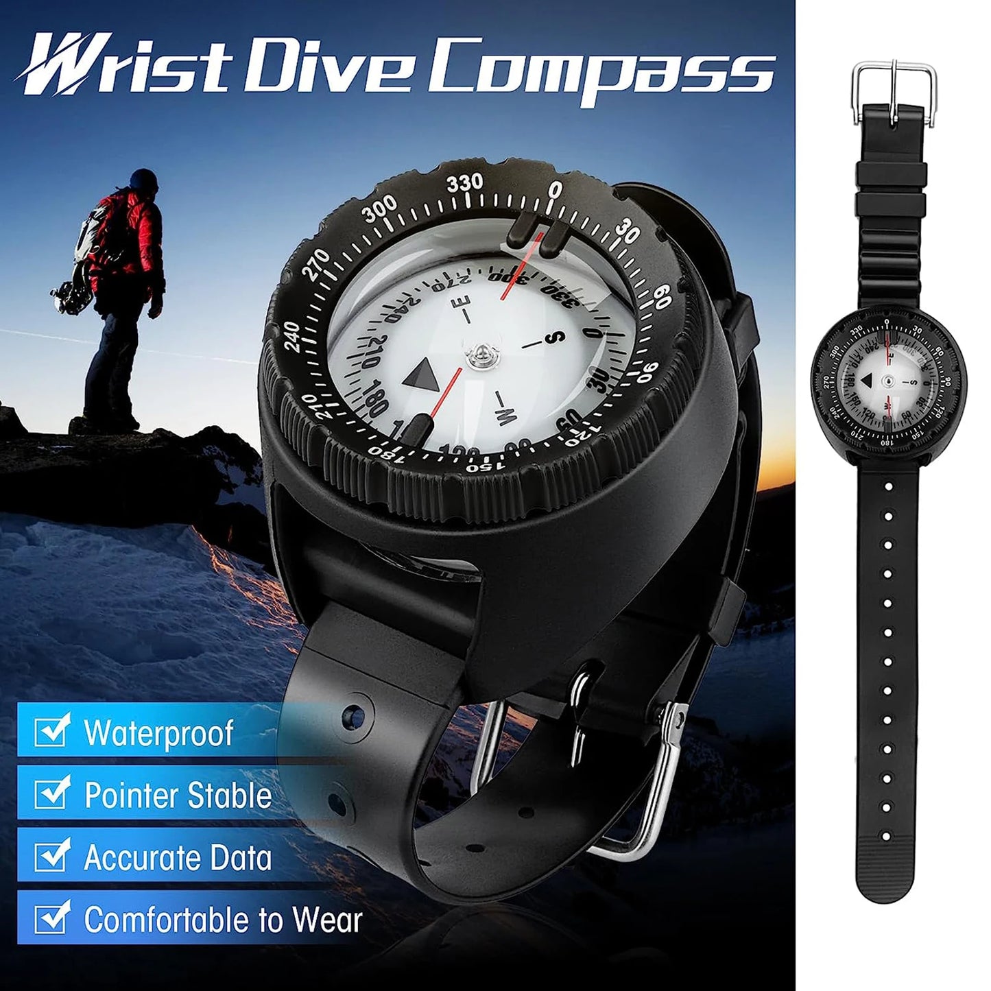 Brújula de buceo digital subacuática de 50 m, navegador profesional impermeable, reloj digital luminoso y equilibrado para natación.