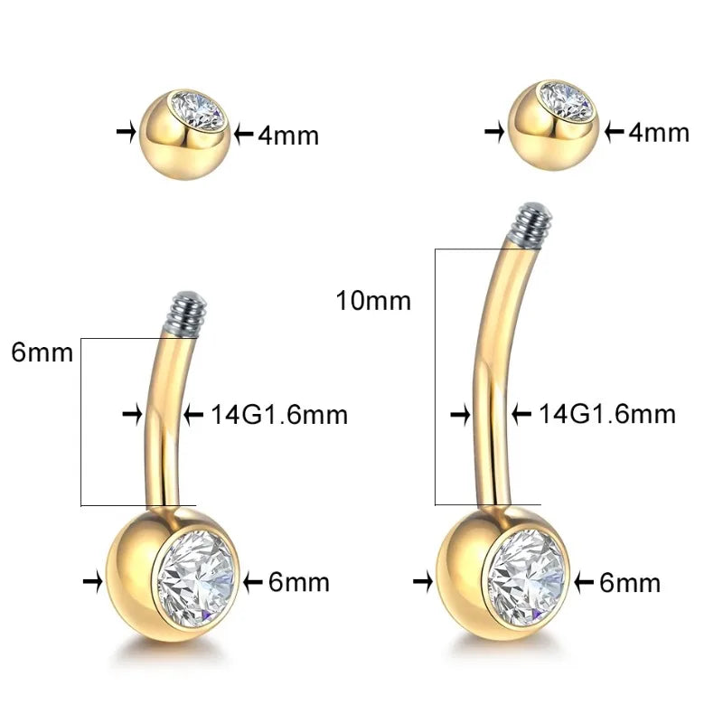 1Pcs G23 Titanium 14G Gold Color Belly Button Rings, Navel Nombril Piercing CZ Gem 6/8/10/12mm Bar Belly Piercing Sexy Jewelry