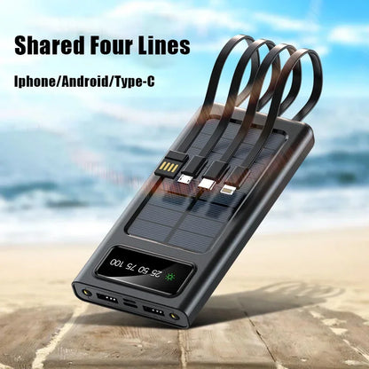 Lenovo Solar Power Bank 200000mah Built 4 Cables Portable Fast Charging Usb Ports Charger Powerbank For Iphone Xiaomi Samsung