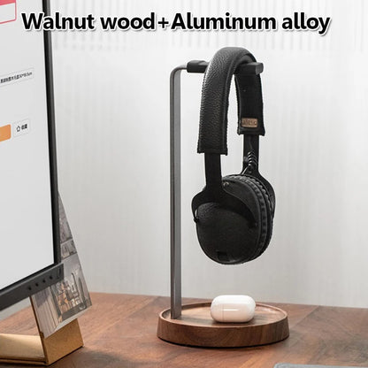 Universal Wooden Headphones Stand Black Walnut+Aluminum Alloy Gaming Headset Holder Hanger Desktop Display Shelf Space Saving