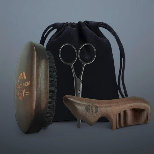 The Gracemen Beard Kit-Retro Beard Brush &Handle Wooden Comb & Stainless Steel Scissors Grooming Set for Men With a Black Bag