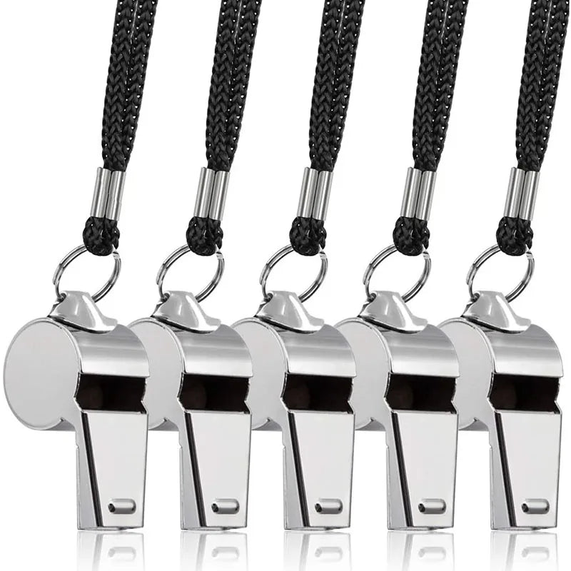 5 Units  Stainless Steel Whistle Loud Metal Whistles with Lanyard Professional Referees Whistle Coaches Lifeguards Survival Sport