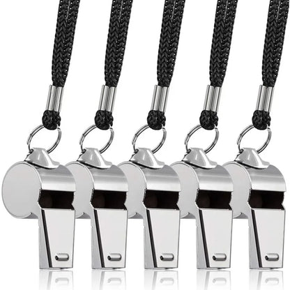 5 Units  Stainless Steel Whistle Loud Metal Whistles with Lanyard Professional Referees Whistle Coaches Lifeguards Survival Sport