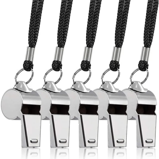 5 Units  Stainless Steel Whistle Loud Metal Whistles with Lanyard Professional Referees Whistle Coaches Lifeguards Survival Sport