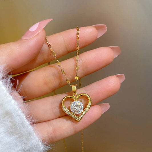 Halskette mit Herzanhänger aus künstlichen Edelsteinen für Frauen, goldene Lippen-Halskette aus Edelstahl, weibliche Halsketten, Schmuck für Mädchen