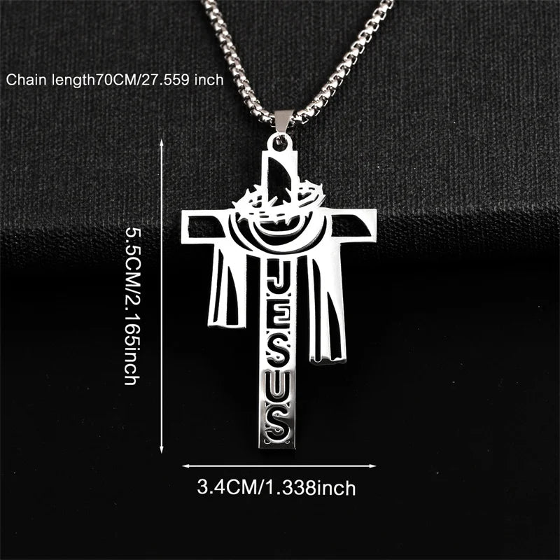 Stainless steel Thorn Jesus Cross Necklace for men's casual religious Cross pendant necklace jewelry