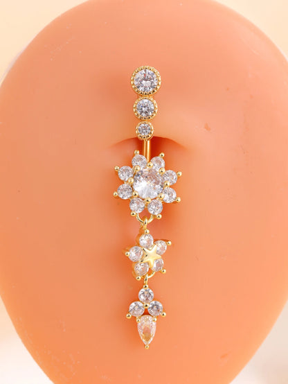 Gold Color Stainless Steel Belly Button Ring Long Dangled Flower Crystal Navel Belly Piercing Rings for Women Sexy Jewelry