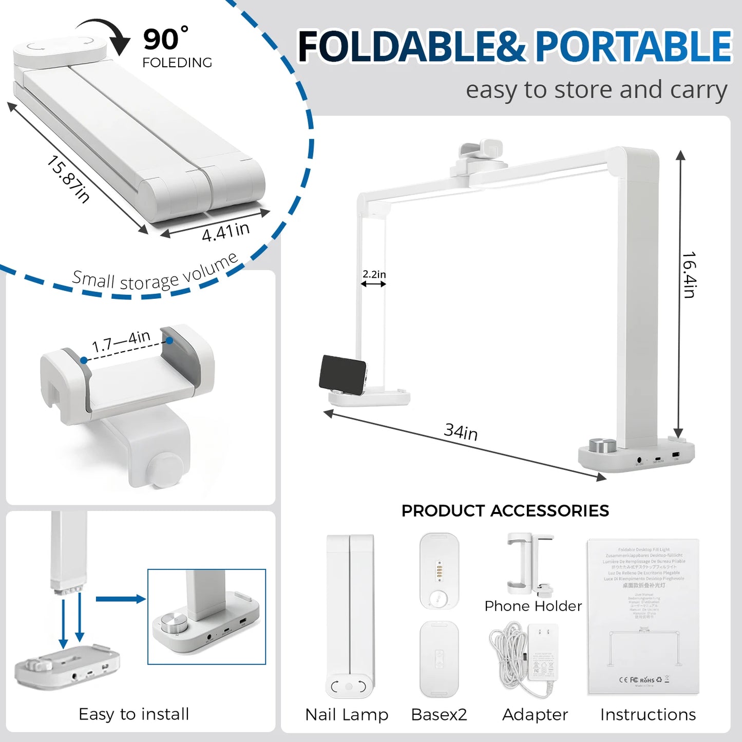 40W Foldable LED Lamp Portable Beauty Light for Manicure Salon Services