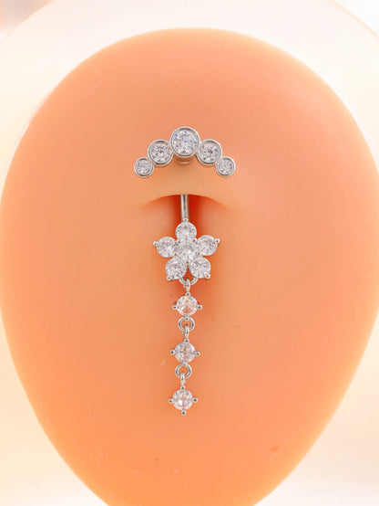 Gold Color Stainless Steel Belly Button Ring Long Dangled Flower Crystal Navel Belly Piercing Rings for Women Sexy Jewelry