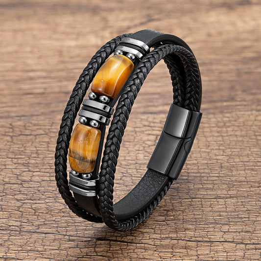 New Natural Tiger Eye Stone Men's Wristband Bracelet Hand-woven Multi-Layer Braided Leather Bangles Stainless Steel Jewelry
