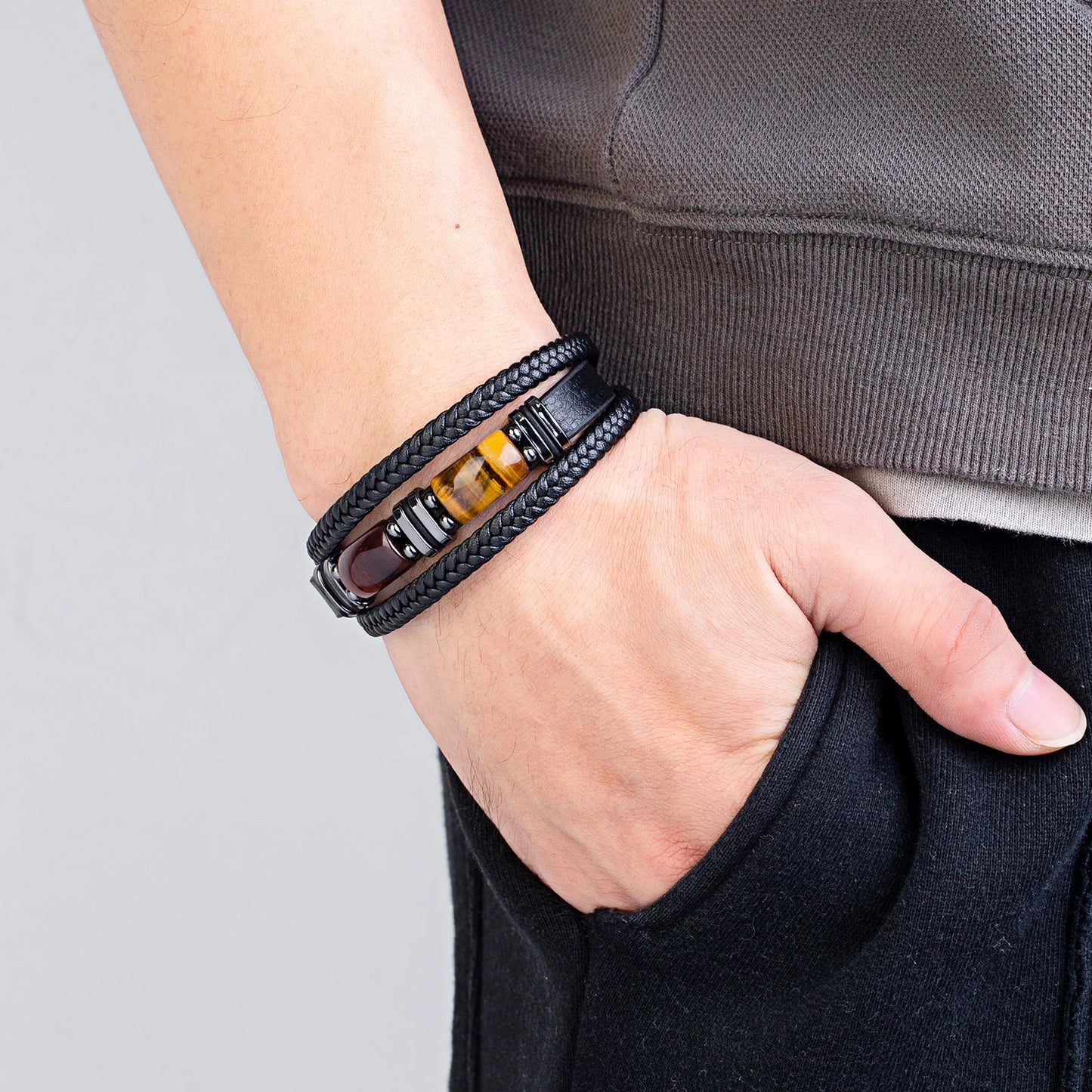 New Natural Tiger Eye Stone Men's Wristband Bracelet Hand-woven Multi-Layer Braided Leather Bangles Stainless Steel Jewelry
