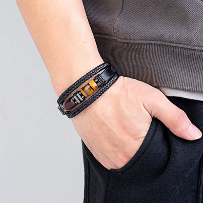 New Natural Tiger Eye Stone Men's Wristband Bracelet Hand-woven Multi-Layer Braided Leather Bangles Stainless Steel Jewelry